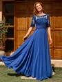 A-line Scoop 1/2 Sleeves Appliques Lace Floor-Length Chiffon Mother of the Bride Dress