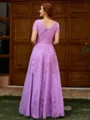 A-line Scoop Short Sleeves Appliques Lace Floor-Length Tulle Mother of the Bride Dress
