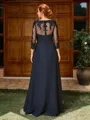 A-line Scoop 3/4 Sleeves Appliques Lace Floor-Length Chiffon Mother of the Bride Dress