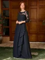 A-line Scoop 3/4 Sleeves Appliques Lace Floor-Length Chiffon Mother of the Bride Dress