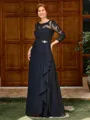 A-line Scoop 3/4 Sleeves Appliques Lace Floor-Length Chiffon Mother of the Bride Dress
