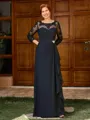 A-line Scoop 3/4 Sleeves Appliques Lace Floor-Length Chiffon Mother of the Bride Dress