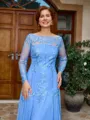 A-line Bateau Long Sleeves Appliques Lace Sweep Train Chiffon Mother of the Bride Dress