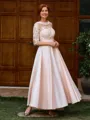 A-line Scoop 1/2 Sleeves Appliques Lace Ankle-Length Satin Mother of the Bride Dress