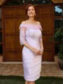 Sheath Off-the-Shoulder 3/4 Sleeves Appliques Lace Knee-Length Satin Mother of the Bride Dress