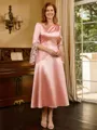 A-line Scoop Long Sleeves Appliques Lace Tea-Length Silk Like Satin Mother of the Bride Dress