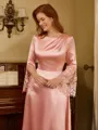 A-line Scoop Long Sleeves Appliques Lace Tea-Length Silk Like Satin Mother of the Bride Dress