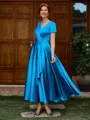 A-line V-neck Short Sleeves Pleated Ankle-Length Silk Like Satin Mother of the Bride Dress