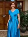 A-line V-neck Short Sleeves Pleated Ankle-Length Silk Like Satin Mother of the Bride Dress