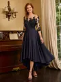 A-line Bateau 3/4 Sleeves Appliques Lace Asymmetrical Satin Mother of the Bride Dress