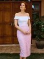 Sheath Off-the-Shoulder Appliques Lace Tea-Length Satin Mother of the Bride Dress