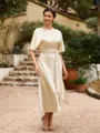 Sheath/Column Silk Like Satin Ruched Scoop Short Sleeves Tea-Length Mother of the Bride Dresses