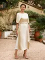 Sheath/Column Silk Like Satin Ruched Scoop Short Sleeves Tea-Length Mother of the Bride Dresses
