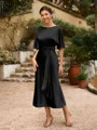 Sheath/Column Silk Like Satin Ruched Scoop Short Sleeves Tea-Length Mother of the Bride Dresses