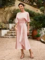 Sheath/Column Silk Like Satin Ruched Scoop Short Sleeves Tea-Length Mother of the Bride Dresses