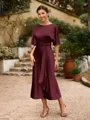 Sheath/Column Silk Like Satin Ruched Scoop Short Sleeves Tea-Length Mother of the Bride Dresses