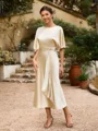 Sheath/Column Silk Like Satin Ruched Scoop Short Sleeves Tea-Length Mother of the Bride Dresses