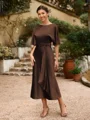 Sheath/Column Silk Like Satin Ruched Scoop Short Sleeves Tea-Length Mother of the Bride Dresses