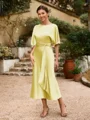 Sheath/Column Silk Like Satin Ruched Scoop Short Sleeves Tea-Length Mother of the Bride Dresses