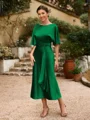 Sheath/Column Silk Like Satin Ruched Scoop Short Sleeves Tea-Length Mother of the Bride Dresses