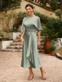Sheath/Column Silk Like Satin Ruched Scoop Short Sleeves Tea-Length Mother of the Bride Dresses
