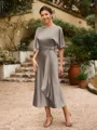Sheath/Column Silk Like Satin Ruched Scoop Short Sleeves Tea-Length Mother of the Bride Dresses