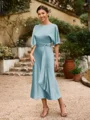 Sheath/Column Silk Like Satin Ruched Scoop Short Sleeves Tea-Length Mother of the Bride Dresses