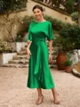 Sheath/Column Silk Like Satin Ruched Scoop Short Sleeves Tea-Length Mother of the Bride Dresses
