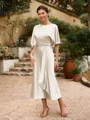Sheath/Column Silk Like Satin Ruched Scoop Short Sleeves Tea-Length Mother of the Bride Dresses
