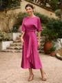 Sheath/Column Silk Like Satin Ruched Scoop Short Sleeves Tea-Length Mother of the Bride Dresses
