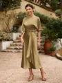 Sheath/Column Silk Like Satin Ruched Scoop Short Sleeves Tea-Length Mother of the Bride Dresses