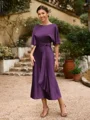 Sheath/Column Silk Like Satin Ruched Scoop Short Sleeves Tea-Length Mother of the Bride Dresses