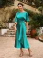 Sheath/Column Silk Like Satin Ruched Scoop Short Sleeves Tea-Length Mother of the Bride Dresses