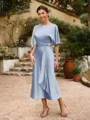 Sheath/Column Silk Like Satin Ruched Scoop Short Sleeves Tea-Length Mother of the Bride Dresses