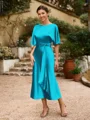 Sheath/Column Silk Like Satin Ruched Scoop Short Sleeves Tea-Length Mother of the Bride Dresses