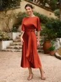 Sheath/Column Silk Like Satin Ruched Scoop Short Sleeves Tea-Length Mother of the Bride Dresses
