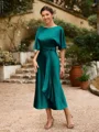 Sheath/Column Silk Like Satin Ruched Scoop Short Sleeves Tea-Length Mother of the Bride Dresses