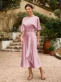 Sheath/Column Silk Like Satin Ruched Scoop Short Sleeves Tea-Length Mother of the Bride Dresses