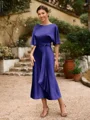 Sheath/Column Silk Like Satin Ruched Scoop Short Sleeves Tea-Length Mother of the Bride Dresses