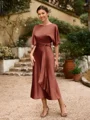 Sheath/Column Silk Like Satin Ruched Scoop Short Sleeves Tea-Length Mother of the Bride Dresses