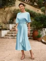 Sheath/Column Silk Like Satin Ruched Scoop Short Sleeves Tea-Length Mother of the Bride Dresses