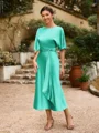 Sheath/Column Silk Like Satin Ruched Scoop Short Sleeves Tea-Length Mother of the Bride Dresses