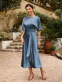 Sheath/Column Silk Like Satin Ruched Scoop Short Sleeves Tea-Length Mother of the Bride Dresses