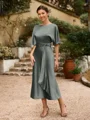 Sheath/Column Silk Like Satin Ruched Scoop Short Sleeves Tea-Length Mother of the Bride Dresses