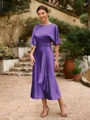 Sheath/Column Silk Like Satin Ruched Scoop Short Sleeves Tea-Length Mother of the Bride Dresses