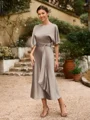 Sheath/Column Silk Like Satin Ruched Scoop Short Sleeves Tea-Length Mother of the Bride Dresses