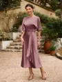 Sheath/Column Silk Like Satin Ruched Scoop Short Sleeves Tea-Length Mother of the Bride Dresses