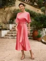 Sheath/Column Silk Like Satin Ruched Scoop Short Sleeves Tea-Length Mother of the Bride Dresses