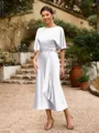 Sheath/Column Silk Like Satin Ruched Scoop Short Sleeves Tea-Length Mother of the Bride Dresses