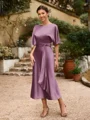 Sheath/Column Silk Like Satin Ruched Scoop Short Sleeves Tea-Length Mother of the Bride Dresses